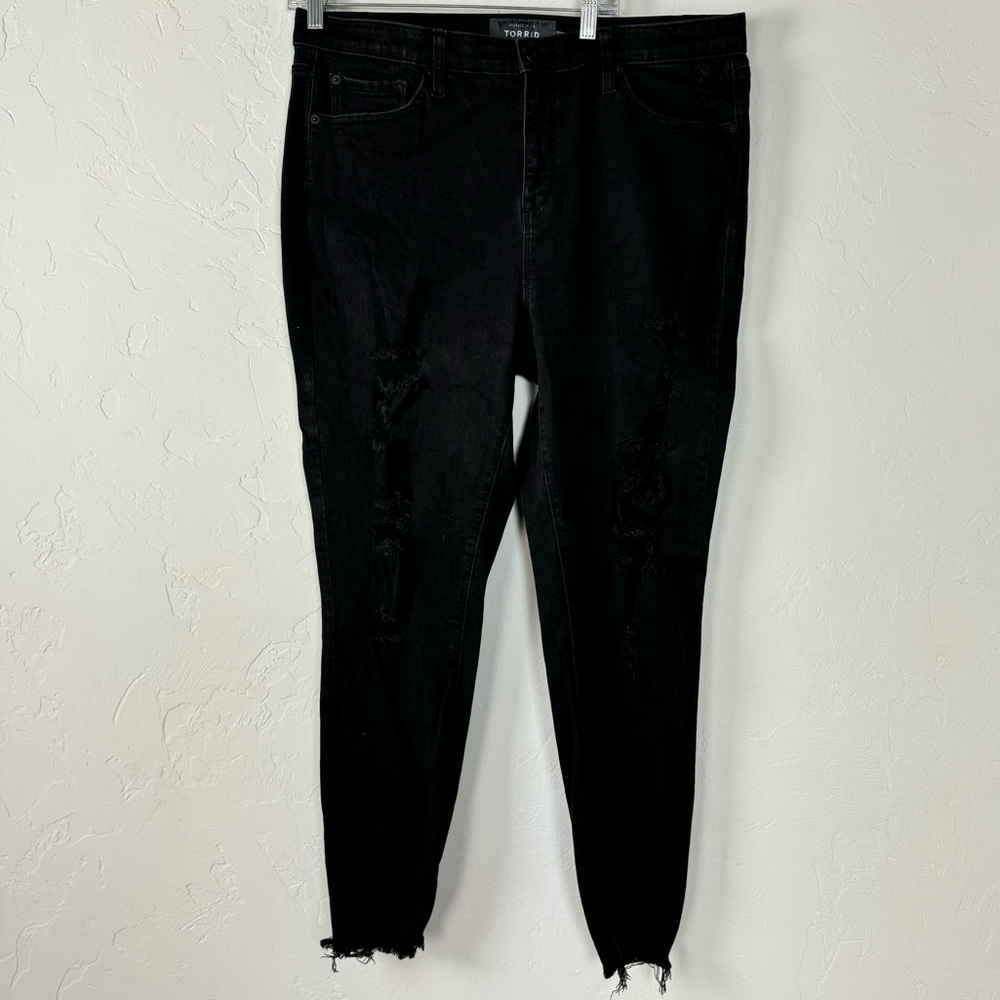 Torrid Jeans‎ Denim Sky High Skinny Solid Black Dark Wash Cotton Premium Ripped